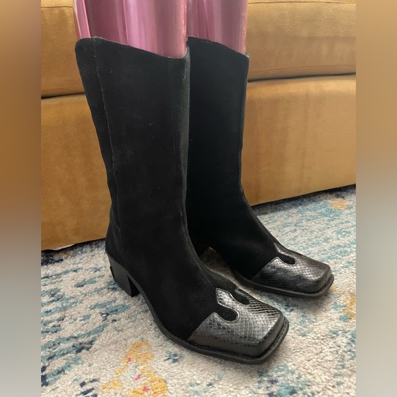 Westies Vegas Black Suede Boots w/Snake Print Square Toes 8 - Picture 1 of 9